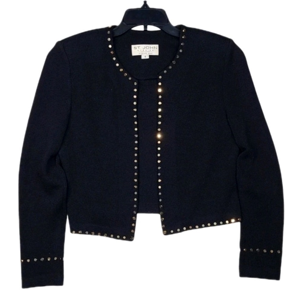 St. John Evening Vintage Black Cropped Studded Knit Cardigan Jacket Size 4